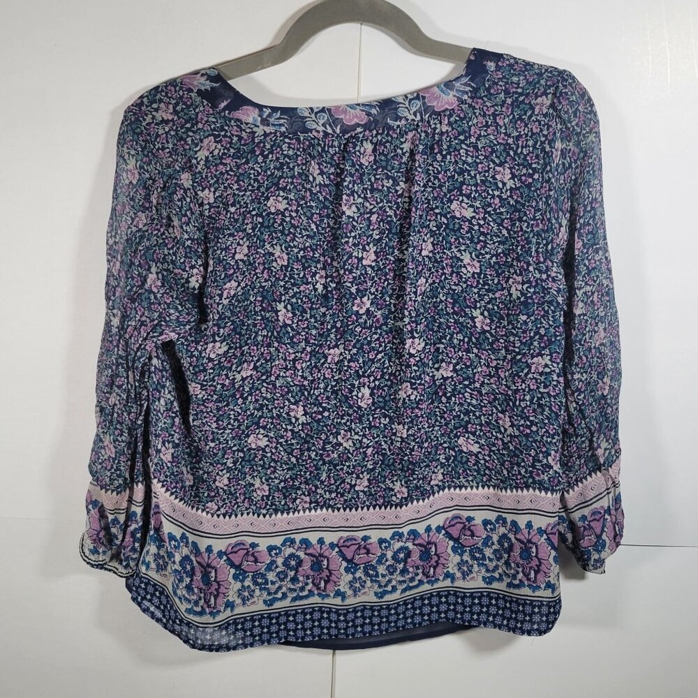 Joie Floral Boho Blouse Navy Blue Pink Long Sleeve V-Neck Top Size XXS - Picture 6 of 6